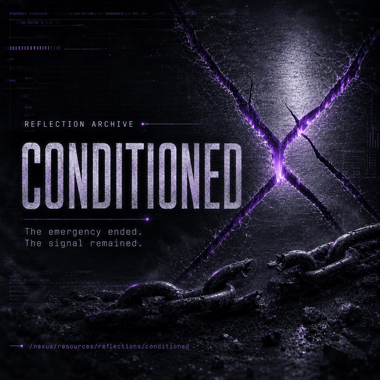 A fractured metal surface glowing violet beneath broken chains.